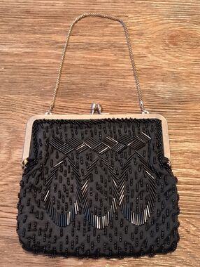 Gorgeous Vintage Mid-Century Black Silk Beaded Evening Handbag